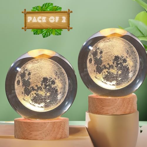 Image of One94Store 3D Crystal Moon Lamp - Engraved Crystal Ball LED Night Light with Wooden Base, USB Powered, Ideal for Home & Office Decor, Birthday Gift for Adults (Pack of 2, Warm White)