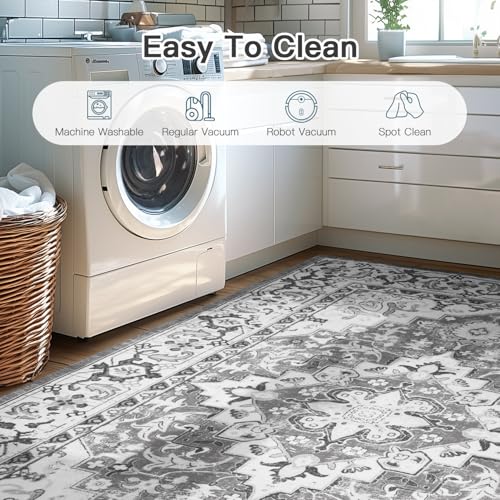 Lofus 3x5 Area Rugs for Living Room, Machine Washable Area Rug, Soft Small Rugs for Bedroom, Kitchen, Office and Indoor, Vintage Boho Carpet, Non-Slip Low Pile Carpets, Floral Grey