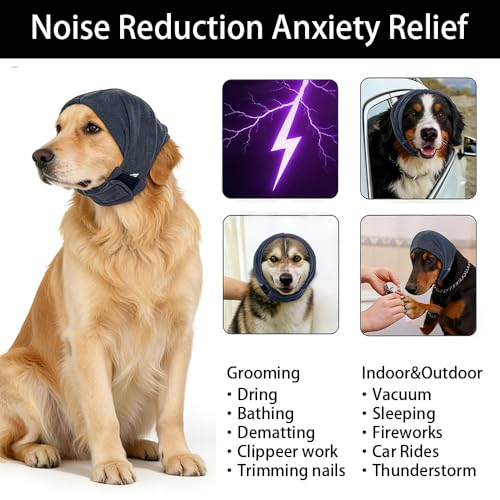 FDEETY Ohrenschutz für Hunde Beruhigende mit Verstellbarem Selbstklebendem Haustier Ohrenklappe Kopfwickel Ohrenschützer Winter Mütze Gehörschutz Hund für Angstlinderung und Beruhigung (M)