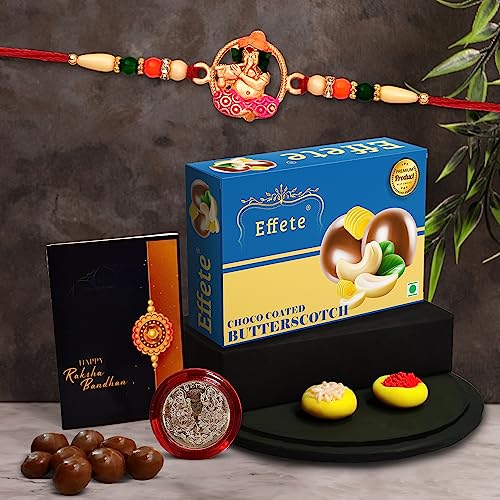 Image of DeoDap Multicolor Idol ganesh rakhi / Bracelet (K1 522 BS32) & Effete Chocolate Butter Scotch 32gm, with Silver Color Pooja Coin, Roli Chawal & Greeting Card, Occasion, Rakhi Combo with card and chocolate, chocolates gift pack, Rakhi & Chocolate for brother, rakhi with gift, Set of 1 Rakhi