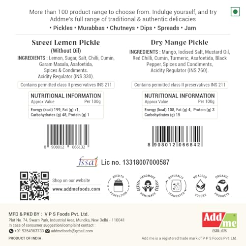 Image of Add me Homemade Sweet Lemon Pickle, khatta meetha nimbu ka achar 350gm and Dry Mango Pickle, sukha North Indian aam ka achar 300gm