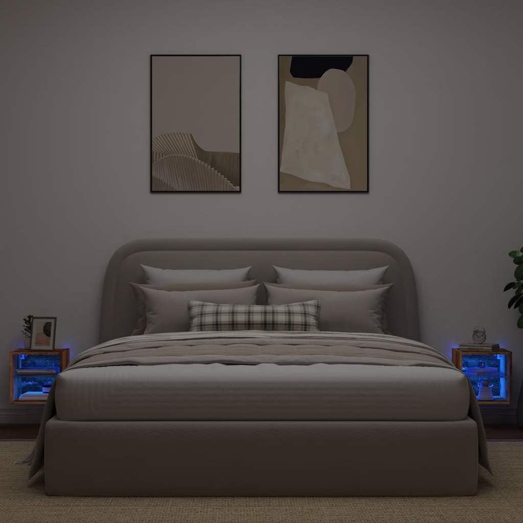 Set di 2 armadi da parete con illuminazione LED RGB, effetto legno antico, 30 x 28,5 x 30 cm, sospesi per soggiorno, camera da letto, centro intrattenimento