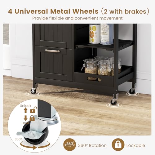 COSTWAY Kitchen Island Cart, Rolling Storage Trolley with 3 Drawers, Open Shelves and Wheels, Mobile Serving Utility Cart Organiser for Dining Room Restaurant Bar (Black) 4 COSTWAY Kitchen Island Cart, Rolling Storage Trolley with 3 Drawers, Open Shelves and Wheels, Mobile Serving Utility Cart Organiser for Dining Room Restaurant Bar (Black) - Image 4