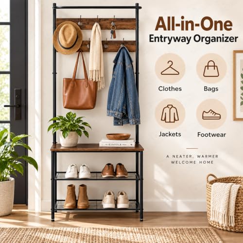 Image of Lukzer 3-Tier Shoe Rack with 7 Hooks Coat Stand, Hall Tree with Hanging Rod & Bench, Metal & Wooden Spacious Entryway Organizer for Clothes, Bags, Jackets & Footwear (Black & Oak /180 x 65 x 32 cm)