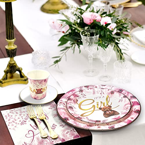 Image of Pink Bear Baby Girls Shower Decorations Plates Napkins Cups Set - We Can Bearly Wait Baby Shower Supplies for 20 Guests Its A Girl Pink Baby Shower Plates for Girls Teddy Bear Baby Shower Party