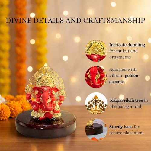 Image of Gold Plated Kalpavrikshya Tree Ganesh Idol Ganpati Murti for Car Dashboard, Office Desk, Hindu God Gift & Home Decor - Resin (Red) - 3 Inches - Pack of 1