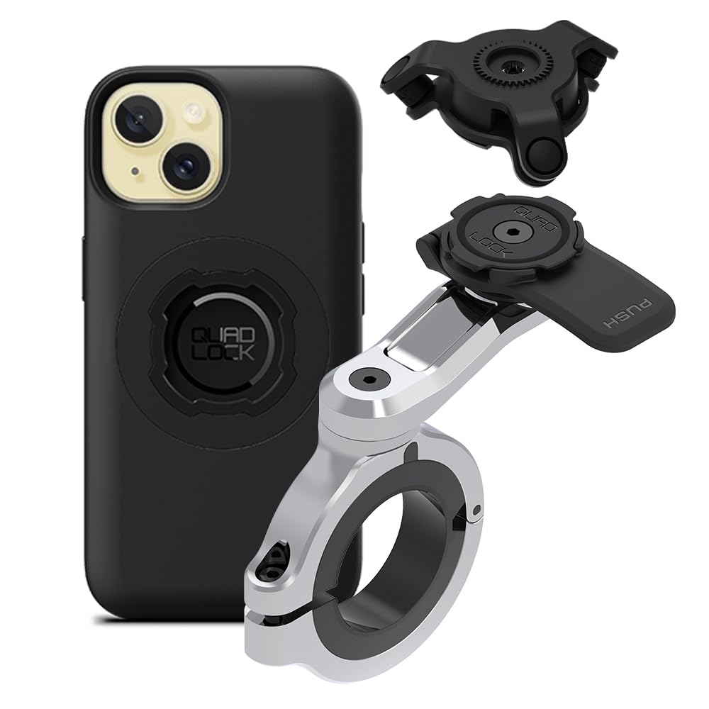 Quad Lock Motorcycle Handlebar Phone Mount PRO Chrome - Large with Vibration Dampener and MAG Phone Case for iPhone 15