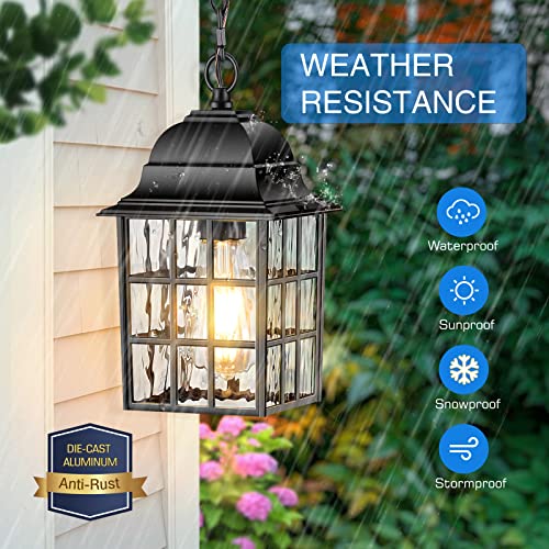 Vianis Outdoor Pendant Lights, Black Outdoor Lanterns For Front Porch Anti-Rust Aluminum, Outdoor Farmhouse Light Fixture, Gazebo Chandelier With Tempered Ripple Glass For Porch, Garage, Entryway #TOP3
