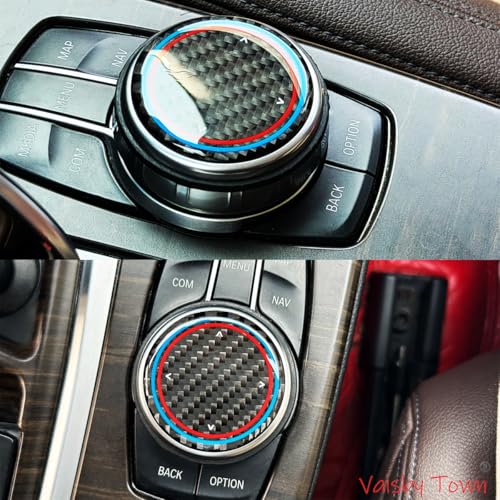 Image of Center Console Multimedia Knob Button Cover compatible with BMW Interior | 1.81 inches for X3 X4 X5 X6 1 3 4 5 7 Series 3GT 5GT,High Clarity Resin with Real Carbon Fiber Texture, Sporty Ring Design