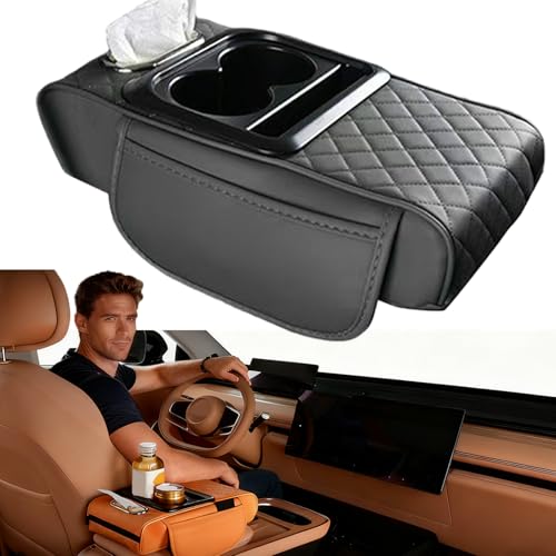 Image of Multifunctional PU Leather Car Armrest Box Mat, 5-in-1 Car Armrest Box with Cup Holder, 2 Storage Bags, Tissue Box Slot, Phone Slot, Universal Waterproof Interior Organizer for Most Cars (Gray)