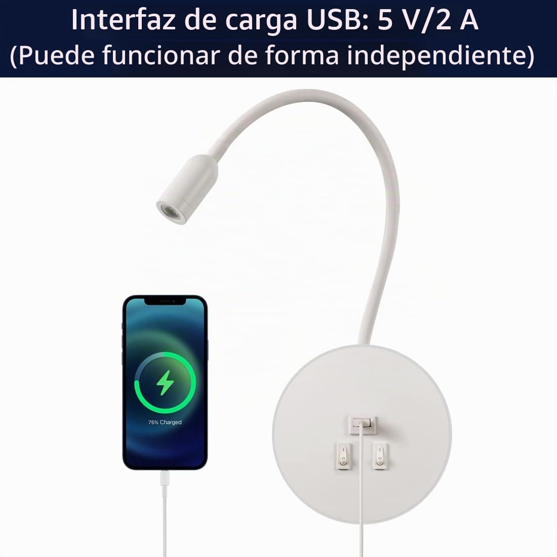 aplique de pared LED, lámpara de cuello de cisne flexible, luz de lectura junto a la cama con interruptor, puerto de carga USB, luz ambiental del dormitorio (3W 3000K+8W 6000K) Blanca