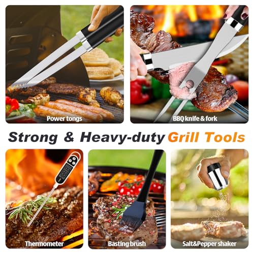 Image of ROMANTICIST 26pcs Grilling Gifts for Men, Dad Gifts for Father's Day, Stainless Steel BBQ Grill Accessories Tools Set, Heavy Duty BBQ Utensils Kit with Apron, Thermometer, Mats in Aluminum Case Black