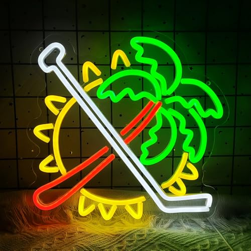 Image of Coconut Trees Neon Sign Palm Tree Neon Light Up Sign Sun Neon Light for Wall Decor Ice Hockey Neon Sign for Bedroom Bar Man Cave Party Decor Birthday Gifts USB Powered,Size13.5*12.5inch(JWD028)