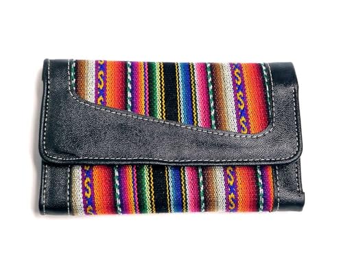 Mia Jewel Shop Multicolored Tribal Print Striped Pattern Leather Trifold Wallet ID Window Card Slots - Womens Fashion Handmade Bags Boho Travel Accessories (Black)