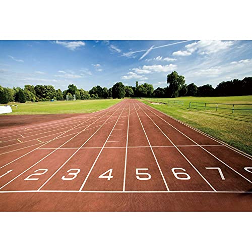 YongFoto 7x5ft Running Track Backdrop Red Runway Green Lawn Playground Background for Photography School Track and Field Athletics Decor Banner Photo Backdrop for Sports Parties