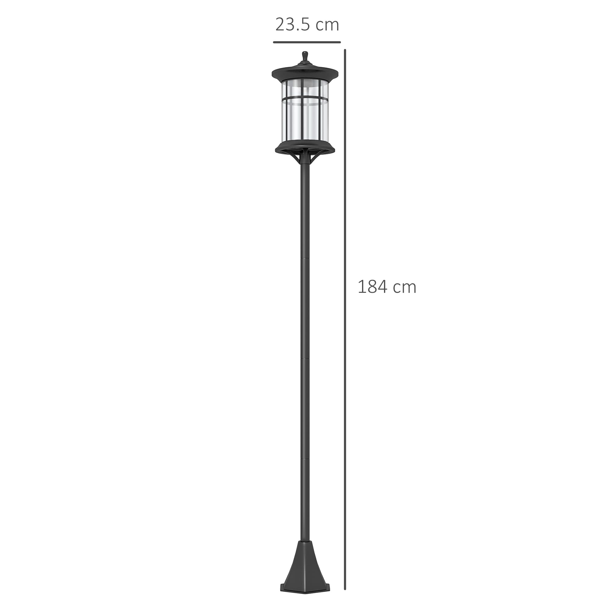 Outsunny Lampione Solare da Giardino Alto 184cm, Lampioncino da Esterno LED Grado di Protezione IP44, Nero