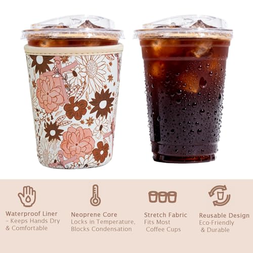 Image of Reusable Insulated Sleeve for Iced Coffee Cup, 3-Pack Coffee Neoprene Drink Sleeve for Cold & Hot Drinks, Beverage Holder for Iced Coffee (Cross Petals)