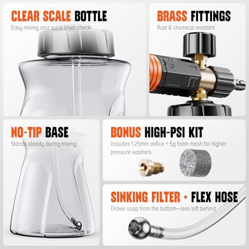 Image of Foam Cannon for Pressure Washer, 1L Snow Foam Lance | 1 /4 in quick connect, Includes extra orifice nozzle, foam makers, adjustable spray for cars