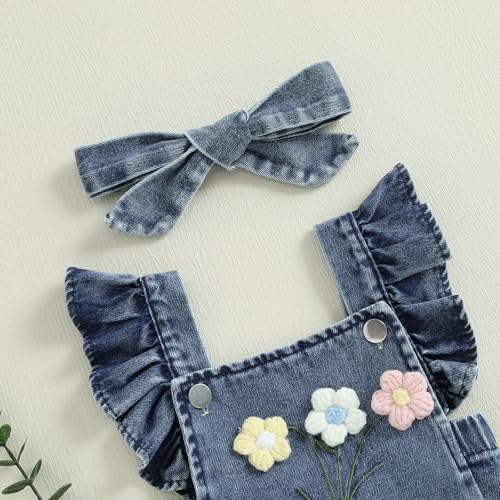 MAINESAKA Baby Girl Denim Romper Floral Sleeveless Ruffle Denim Bodysuit Overalls with Headband Newborn Summer Outfit4