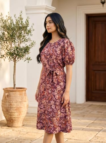 Image of HELLCAT Women Floral Fit & Flare Midi Dress | Round Neck, Puff Short Sleeve, Waist Tie-Up Belt | Casual Brunch Wear, Western One Piece, A-Line Long Frock, Summer Party Outfit
