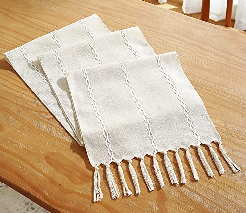 Chassic Rustic Farmhouse Style Linen Table Runner, Boho Handmade Fringe Braided Stripe Table Runners 90 Inches Long For Holiday Party, Wedding And Dining Decorations, 13 X 90 Inch - Ivory #TOP5