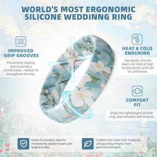 Egnaro Women's Silicone Statement Rings, 5.2mm Wide 2mm Thick Rubber Printed Floral Bands For Her Size 4-122