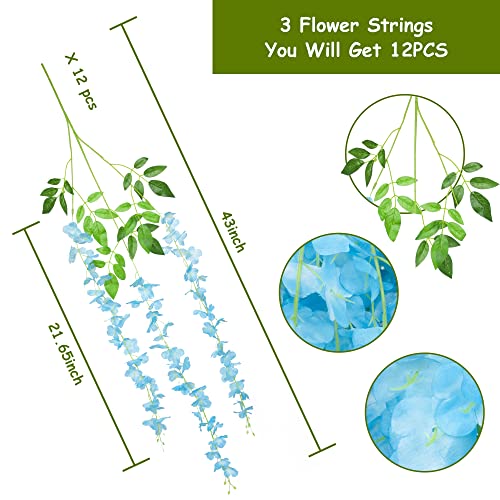 Foevaflo 12 Pack Artificial Wisteria Flowers Fake String Silk Vine Garland Hanging Plant For Wedding Arch Home Room Outdoor Party Wall Backdrop Decor (Blue) #TOP2