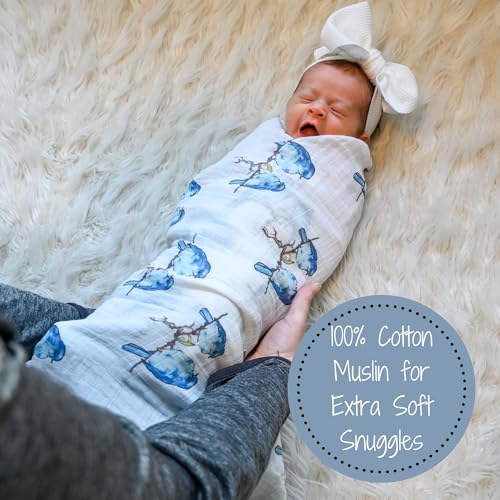 Image of LollyBanks Muslin Swaddle Blankets, Large 47 x 47 Inches Baby Blanket for Boys and Girls, 100% Cotton Baby Swaddle Blanket, Newborn Receiving Blanket for Swaddling, Registry (Bluebird Print)