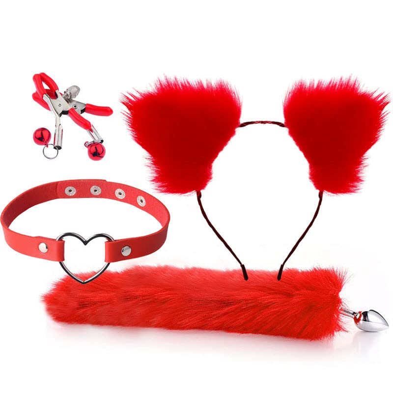 Ceciley Wolf Fox Furry Tail Plug and Ears Headband Animal Costume Fancy Dress Halloween Adjustable Faux Fur Tail and Ears (Red 01)