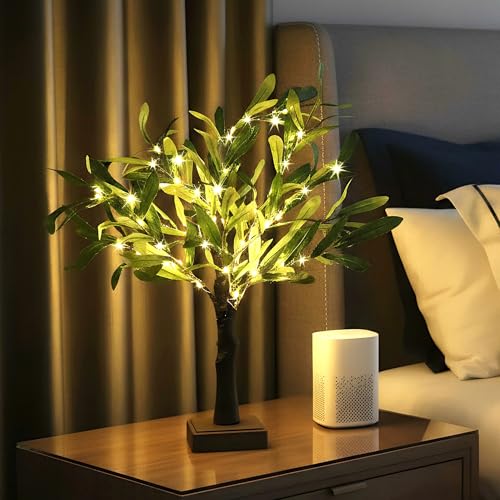 AOLTNRC 2FT Easter Olive Tree with LED Lights, 30 LED Artificial Twinkle Tree with Timer, Lighted Greenery Tree Bonsai Fairy Tabletop Lamp Tree for Home Decor