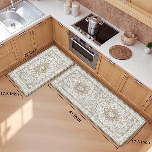 Boho Kitchen Mats for Floor 2 Piece Set Anti Fatigue Cushioned PVC Kitchen Rugs Non Slip Waterproof Farmhouse Mats 2/5 Inch Comfort Standing Mat for Sink, Laundry, 17.3