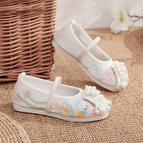 Hcclijo Children Pearl Shoes Floral Flats Ancient Round Toe Kids Elastic Band Traditional Hanfu Oriental Embroidery4