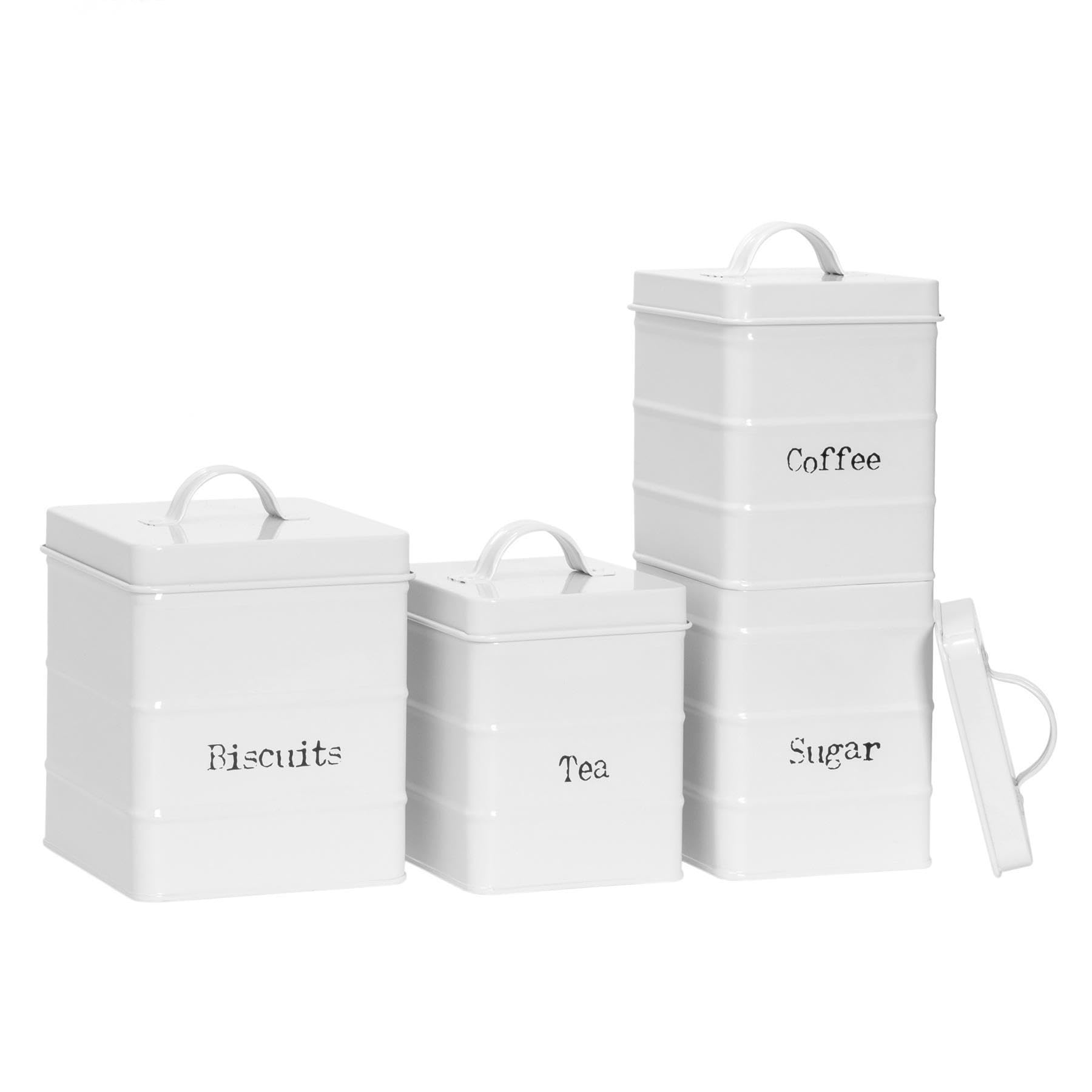 Harbour Housewares Metal Kitchen Canister Set - White - 4pc Vintage Retro Food Storage Preservation Canister Caddy Container Biscuit Tin with Airtight Fit Lid for Kitchen Organisation & Home Décor
