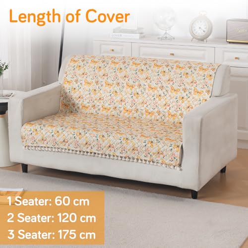Image of HOKIPO Sunlit Butterfly Quilted Sofa Cover with Tassels 2 Seater for Seat & Back, (152x120 cm), 'Tassel Twigs' Series (IN-990-T3)