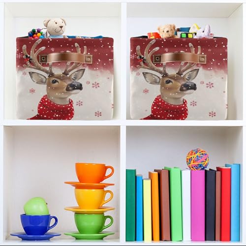Image of Wamika Christmas Reindeer Storage Basket with Waterproof Liner and PU Handles Winter Snowflake Red Storage Bins Boxes 14.2 inch Collapsible Decorative Organizer Baskets for Bedroom Closet Office 1 Pack
