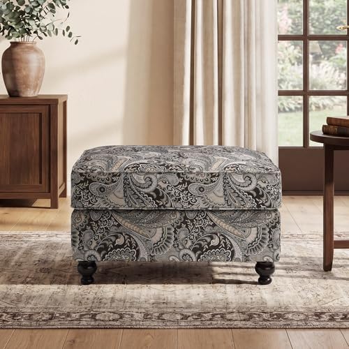 Image of Upholstered Foot Stool Ottoman, Foot Rest with Wooden Legs, Mid-Century Floral Paisley Pattern Footstool Ottomans for Living Room, Bedroom, Entryway (Ottoman)