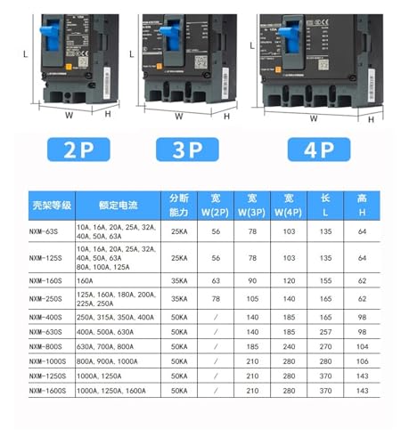 Ficha técnica PVTLCYBI Plastic Case Circuit Breaker NXM-125S 400S 1600S 3300 Three-Phase Four-Wire 3P 4P Air Switch 63A 800A 1600A 1000S 800A 1000A - Fernando Cortés