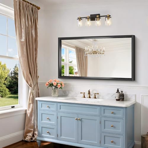 Image of Black Framed Mirror, 24 x 42 Inch Brushed Black Bathroom Mirrors for Over Sink, 0.6 inch Thickened Deep Frame Rectangle Mirrors for Wall, Tempered Glass, Antirust, Horizontally /Vertically