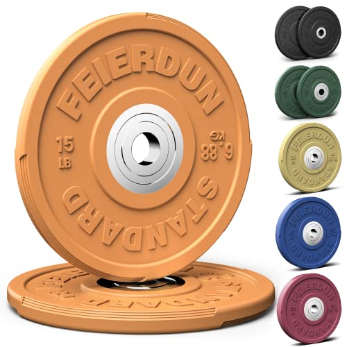 Image of FEIERDUN Color Bumper Plate Set, 2-Inch Olympic Weight Plates, Low Bounce Rubber Barbell Plates with Stainless Steel Insert for Weightlifting, Strength Training, CrossFit & Home Gym, 10LB-370LB
