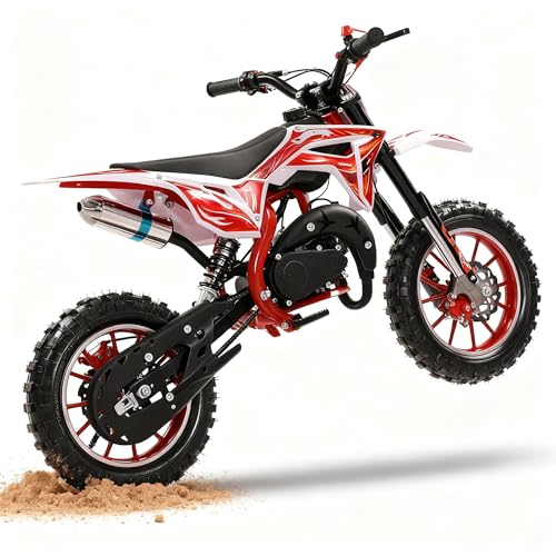 50cc Dirt Bike, 2-Stroke Gas Power Motocross Bike for Kids,Off Road Mini Motorcycle Pocket Motorbike with Front Rear Disc Brakes Up to 25 Mph, Weight Support Up to 330 LBS Birthday Gifts Red