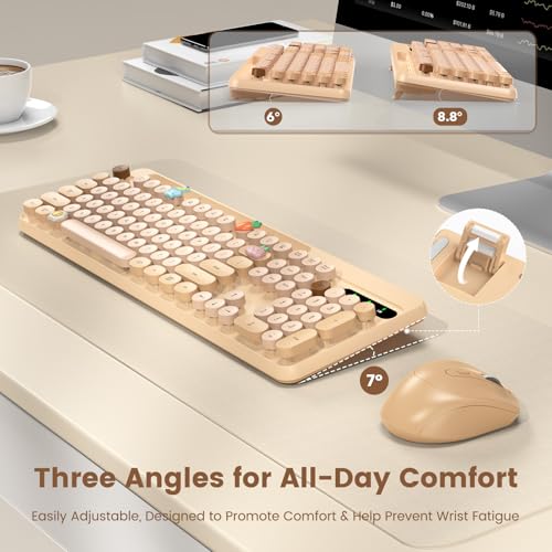 Image of Wireless Keyboard and Mouse Combo, Retro Round Keycaps, Full-Size Stylish Typewriter Keyboard with Phone /Tablet Holder, Ergonomic Mouse with 3-Level DPI, 2.4GHz Connection for Windows /PC (Milk-Tea)