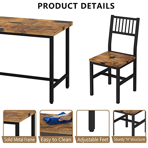 AWQM 5-Piece Industrial Dining Set for 4 - Rustic Brown Metal Frame with Wood Top