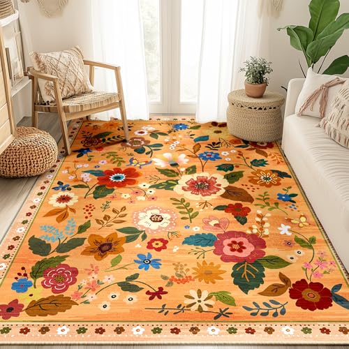 Floral 5x7 Area Rug Machine Washable Soft Print Boho Carpet Non Slip Doormat Low Pile Flower Area Rugs for Living Room Bedroom Nursery Kitchen Dining Room Indoor-Yellow/Orange