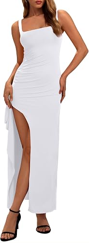 REORIA Women's Sexy Square Neck Sleeveless Bodycon Dress Backless Ruched High Slit Cocktail Party Maxi Dress