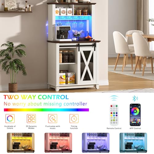 Image of 31.5 inchWide Farmhouse Coffee Bar Cabinet with LED Light,Wine Bar Cabinet w /2 Storage Hutch,Kitchen Buffet Cabinet w /Sliding Barn Door & Wine and Glass Racks for Kitchen Dining Room(Antique White)