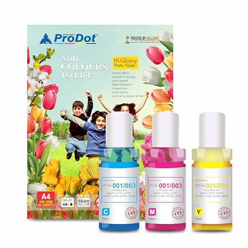 Image of ProDot Ep 001 /003 Inkjet Ink Refill Compatible with Epson L1110, L1455, L3100, L3101, L3110, L3150, L4150, L4160, L5190, L6160, L6170, L6190 Ink Tank Printers (70 ml, C /M /Y)