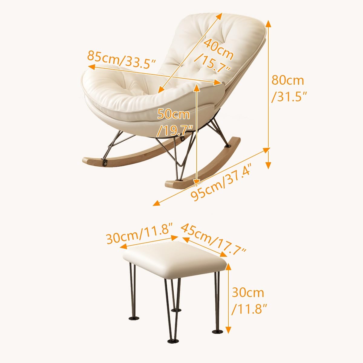 Kaverno Oversized Rocking Chair with PU Cushion, Modern Accent Rocking Chair with Solid Wood Base, Nursery Recliner with Ottoman, Honeycomb Buckle for Bedroom, Living Room(Brown)