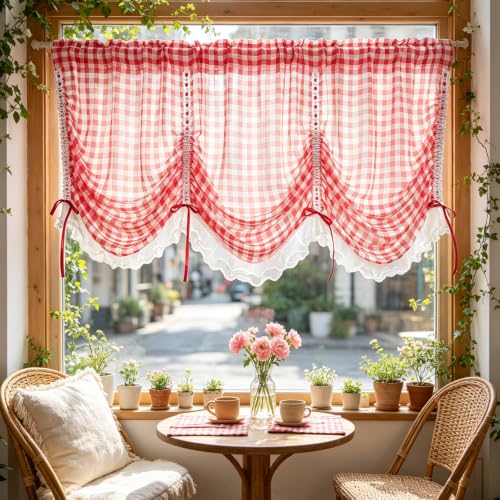 French Country Red and White Gingham Buffalo Check Swag Balloon Curtain