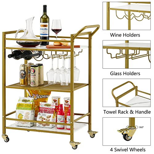 Tajsoon 3-Tier Bar Cart, Mobile Bar Serving Cart, Industrial Style Wine Cart For Kitchen, Beverage Cart With Wine Rack And Glass Holder, Rolling Drink Trolley For Living Room, Gold & White #TOP4