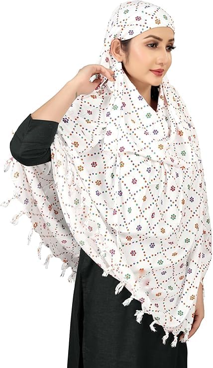 Image of Cotton Long Scarf Cum Mask Scarves Usable for Vehicle Driver | White Printed Design Fabric | Universal Size | Soft & Breathable Sun Protection | For Girl & Women